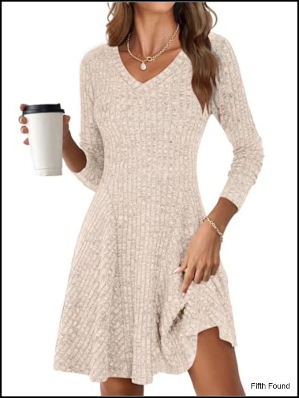 Ribbed Knit Long Sleeve Short Sweater Dress V-Neck Knee Length Casual